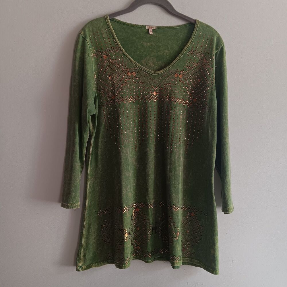 Reba Rhinestone Metallic Gold Forest Fairy Top Tunic Size M Green Grunge V‎ Neck